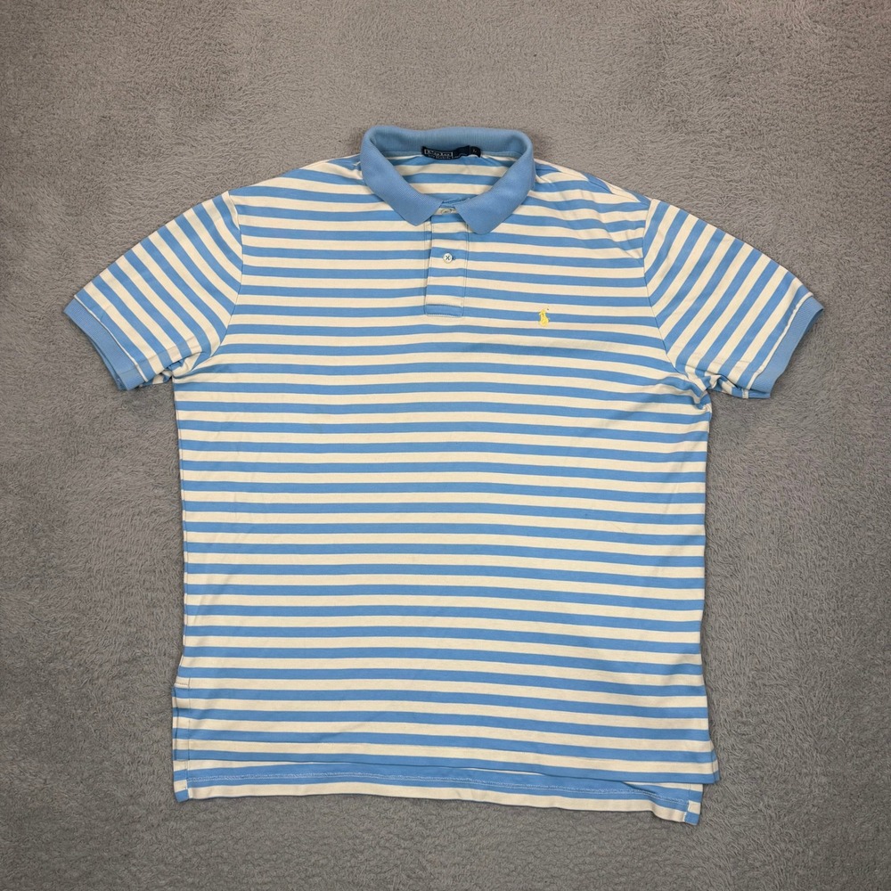 Polo Ralph Lauren Mens L Blue White Striped‎ Short Sleeve Polo Shirt Yellow Pony